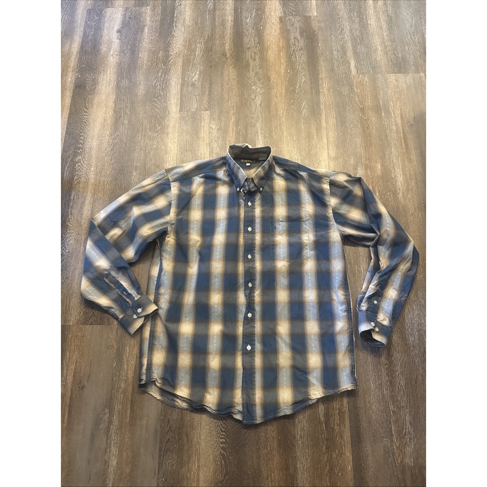 Stetson Men's L Western Button Down Long Sleeve Shirt Plaid Blue Tan 100% Cotton
